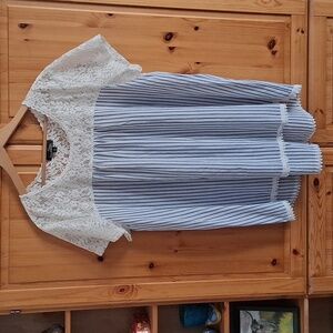 Suzanne Betro Cream Lace Blue Stripe Cotton Tunic Boho Blouse Plus Size 3X